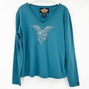Harley Davison‎ Womens VTG Vintage Y2K Bedazzled Eagle Biker Shirt Size L Teal